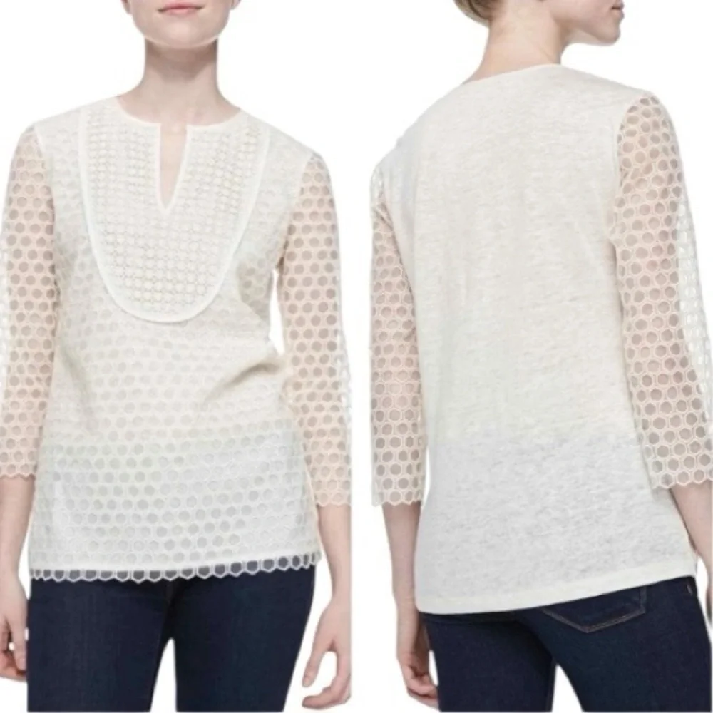 Tory Burch Women’s Size S Cream Ivory Tali Honeycomb Lace Long Sleeve Top